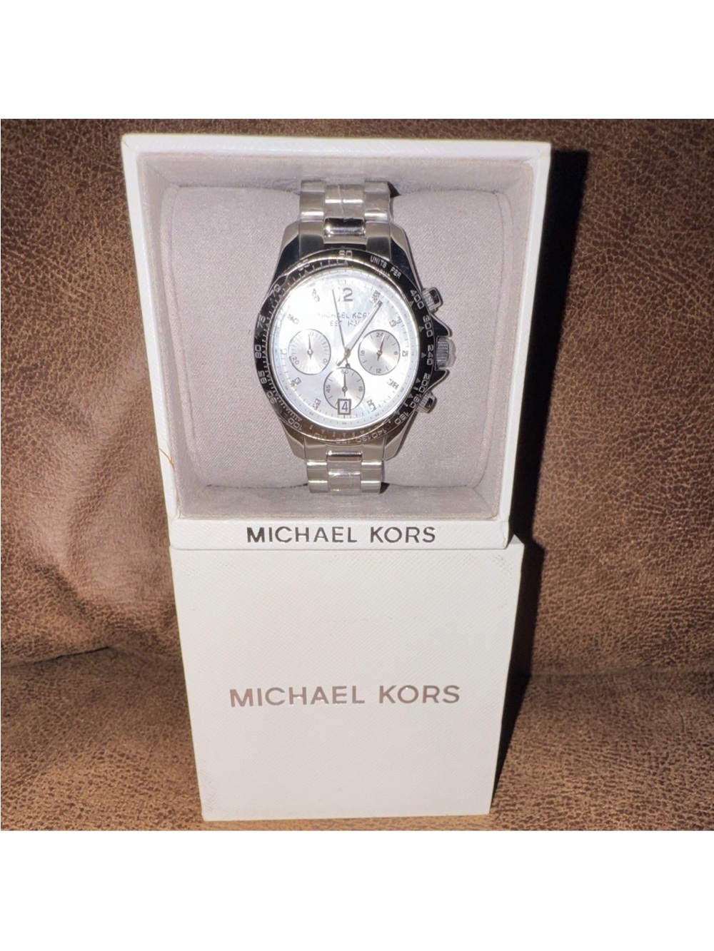 Michael Kors Silver and White Stainless Steel Chronograph Watch